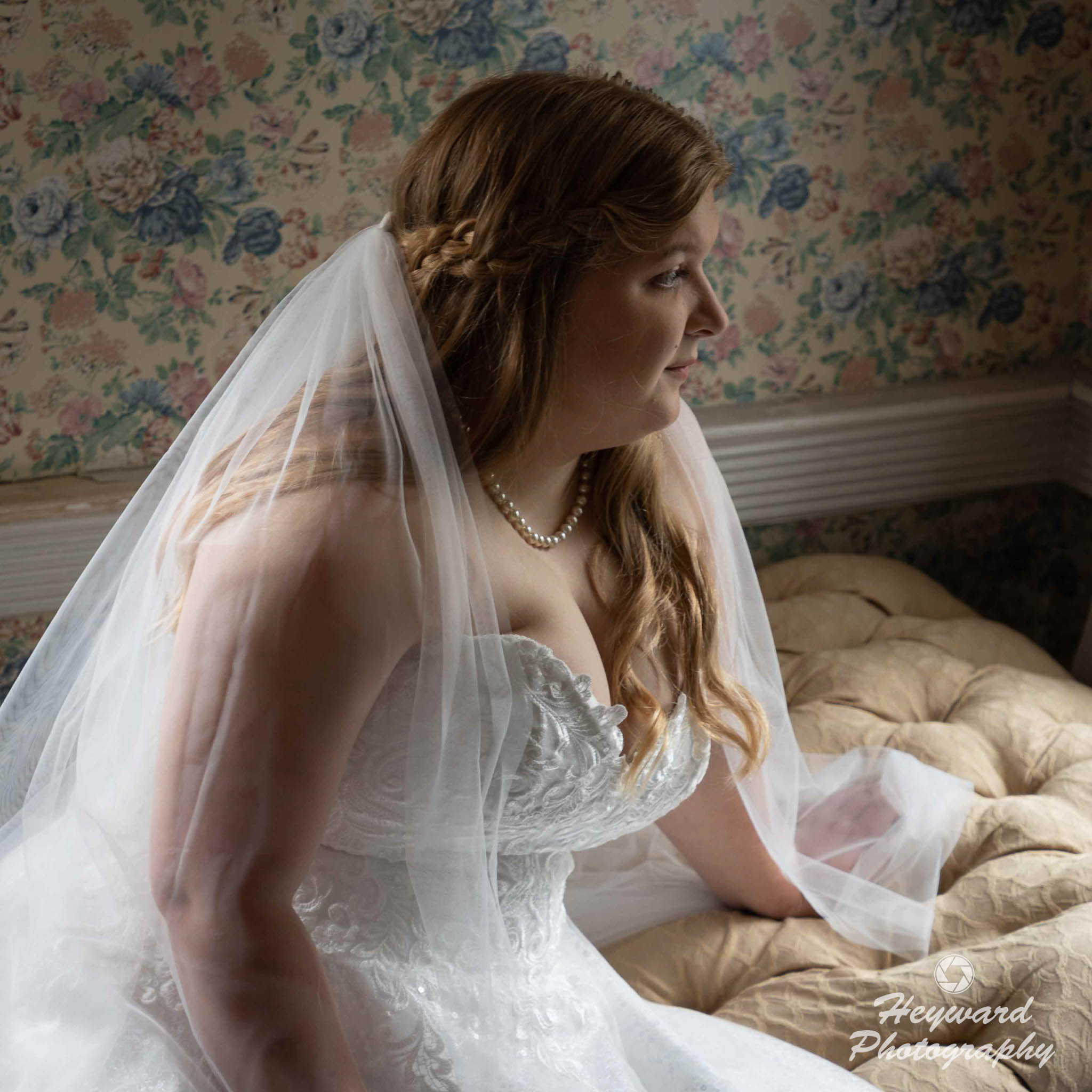 Bride gazes to the right.