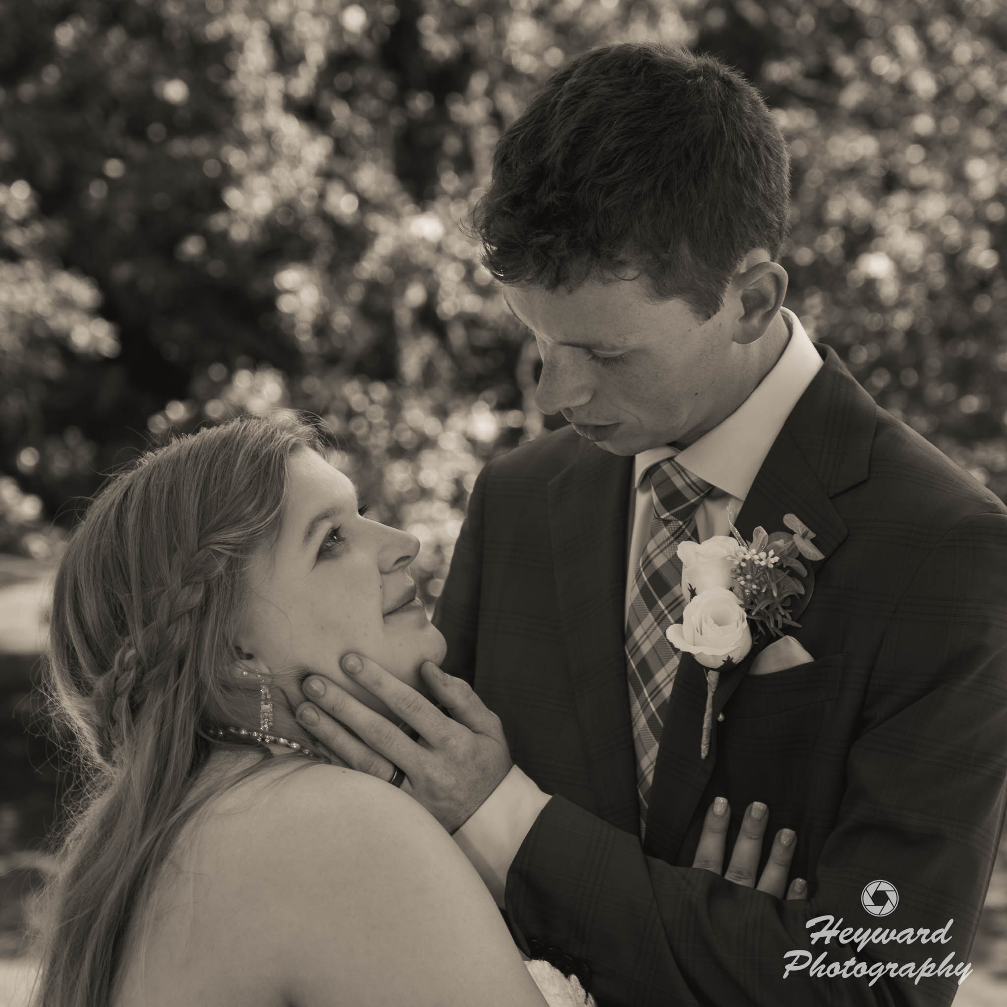 Groom touching bride's cheek.