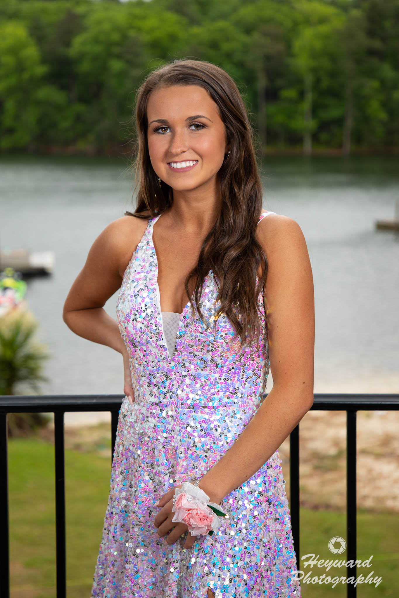 Lady in white dress, 3/4 length.